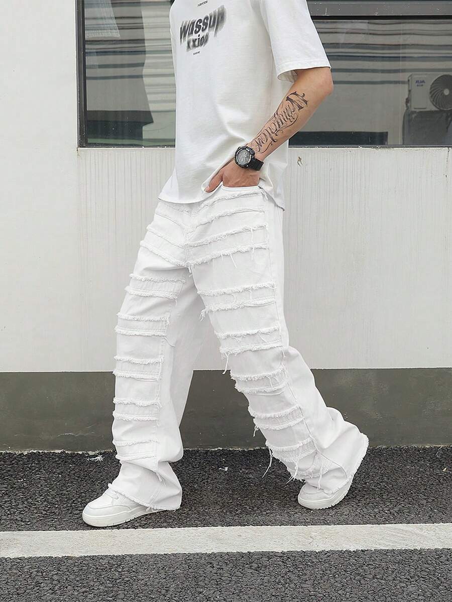 Manfinity ZONE917 Men's Solid Color Frayed Edge Slant Pocket Casual Versatile Jeans - White - View 1