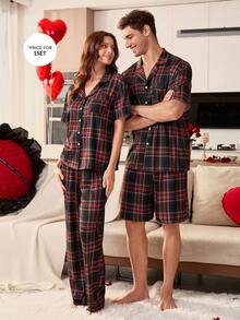 CoupledUp 2pcs Men Casual Plaid Print Short Sleeve Shirt And Shorts Pajama Set Women's Pajama Set Men's Sleepwear Plaid Pajama Set Couple Matching Pajamas Set Pajama Sets - Multicolor - View 6