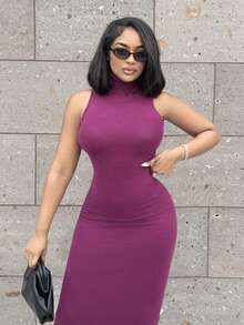 Alexandranx 极简主义通勤年轻街头风格灰色高领翻领无袖紧身 H 型下摆超长毛衣连衣裙女 - 紫色 - 查看 4