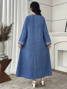 SHEIN 少女碎花宽松牛仔长款连衣裙，度假休闲V领长袖连衣裙，宽松阿拉伯风格V领连衣裙，女孩春秋连衣裙，日常穿着，阿拉伯长袍，少女端庄连衣裙，长款端庄连衣裙