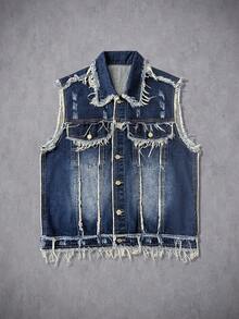 Manfinity Roughcore Men's Washed Vintage Distressed Denim Vest, Navy Blue Fringe Denim Vest - Blue - View 1