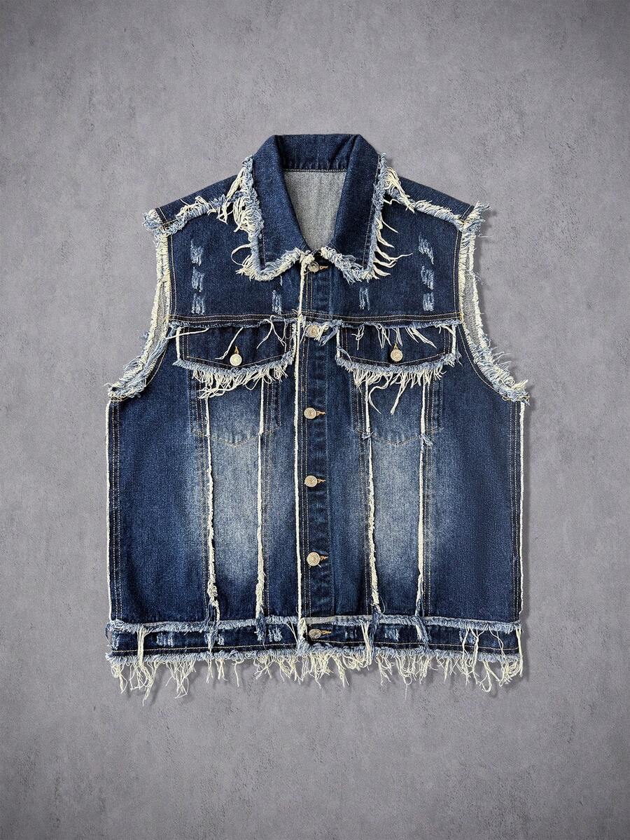 Manfinity Roughcore Men's Washed Vintage Distressed Denim Vest, Navy Blue Fringe Denim Vest - Blue - View 1