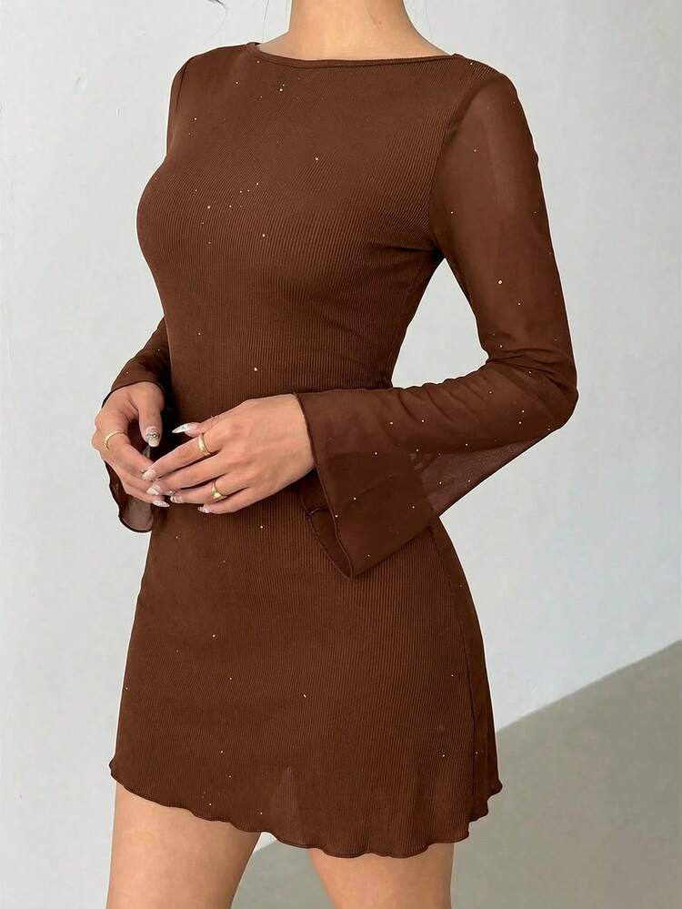 Aloruh 优雅蝴蝶结露背性感亮片面料修身迷你连衣裙 - 棕色 - 查看 3