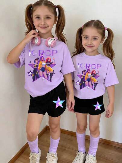 K-Pop Graphic Print Short Sleeve T-Shirt & Shorts Set For Young Girls