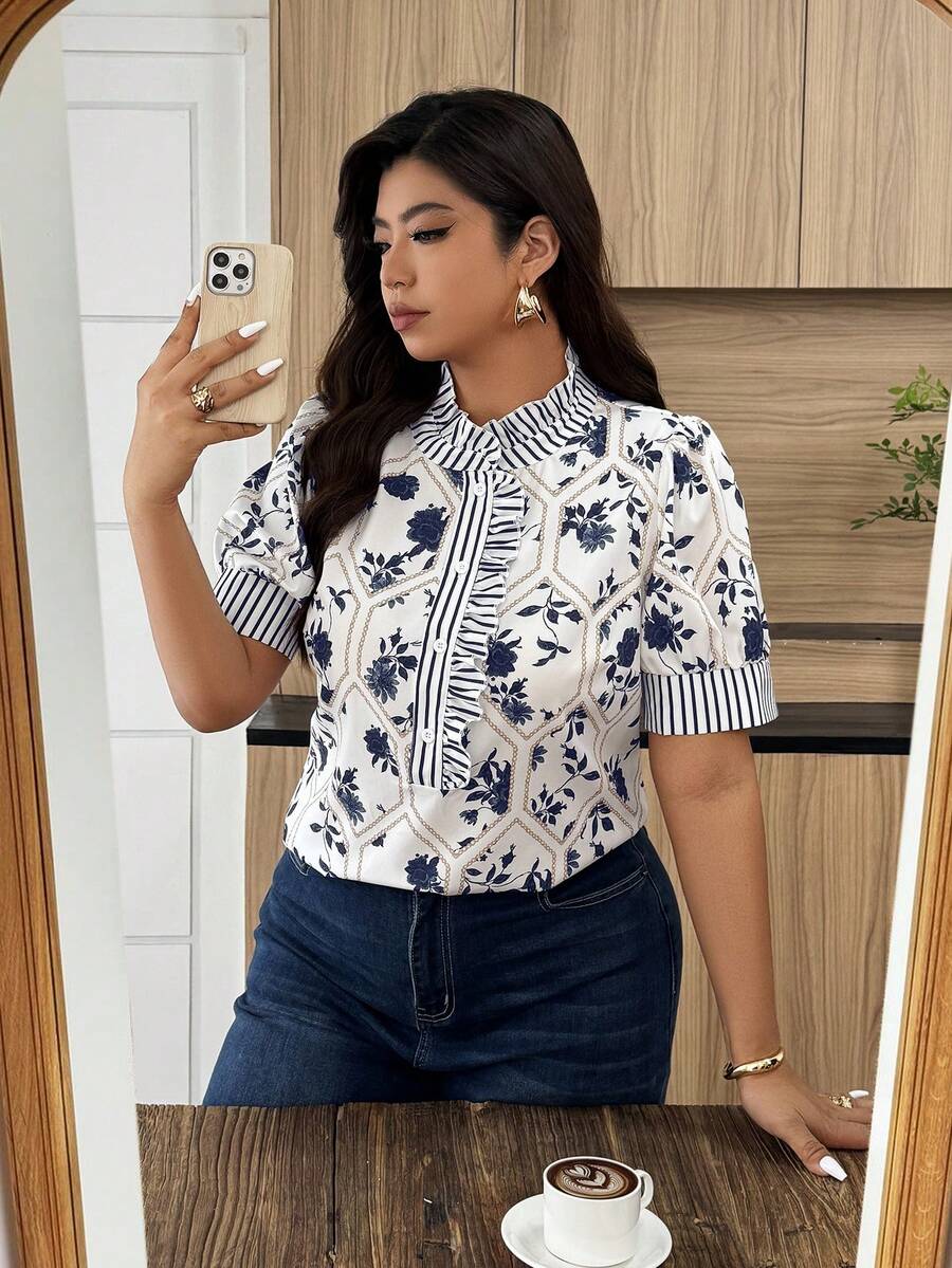 Weeklong 女士拼接荷叶边宽松衬衫，法式休闲上衣，日常及度假穿着，春夏款 - 彩色 - 查看 1