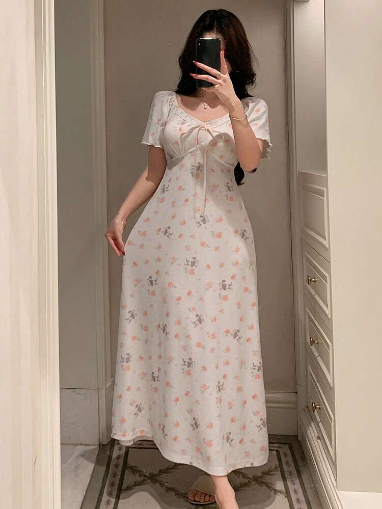 Bow Decor Ditsy Floral Cinched Waist Mid-Length Women Nightgown