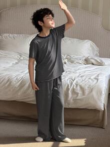 DAZY 男童条纹短袖上衣和裤子睡衣套装 - 藏蓝色 - 查看 5