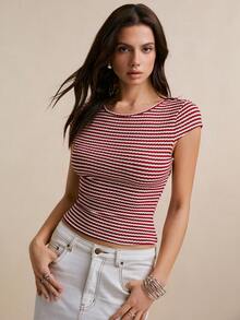 Poéselle 女士条纹罗纹针织T恤，红白条纹，Y2K时尚，休闲沙滩装，条纹圆领短袖修身休闲百搭T恤 - 彩色 - 查看 1