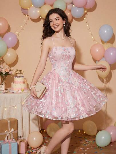 SHEIN MOD Women's Pink Sequin Embroidered Romantic Backless Dress,Formal Dresses,Party Dress,Date Night Dress,Valentine's Day , Pink Flower Dress,Sparkly Dress, Pink Cocktail Dress, Pink Corset Dress, Fairycore Dress, Kawaii Dress,Date Night Dress,Valentine Outfits For Women,Tea Party Dress