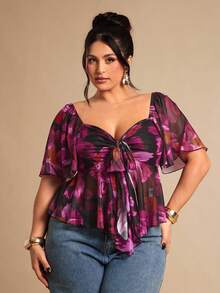 SHEIN BAE Bluzka w stylu gotyckim w dużym rozmiarze z kwadratowym dekoltem i koronką z bufiastymi rękawami/ Top w dużym rozmiarze z wiązaniem z przodu/ Bluzki w dużych rozmiarach/ Bluzki w dużych rozmiarach/ Damskie bluzki na ramiączkach typu spaghetti, kokardka dekoracyjna, Letnie eleganckie przyjęcie świąteczne, urodziny, walentynki/sukienka dla gości weselnych. Ubrania w dużych rozmiarach/Halloween/powrót do domu/Boże Narodzenie/wyjście/urodziny dla kobiet/strój zachodni dla kobiet/bluzka na imprezę dla kobiet - Fioletowy - Zobacz 4