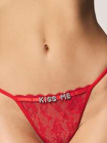 MISSGUIDED Lace Thong With Text And Rhinestone Details Intimate Lingerie