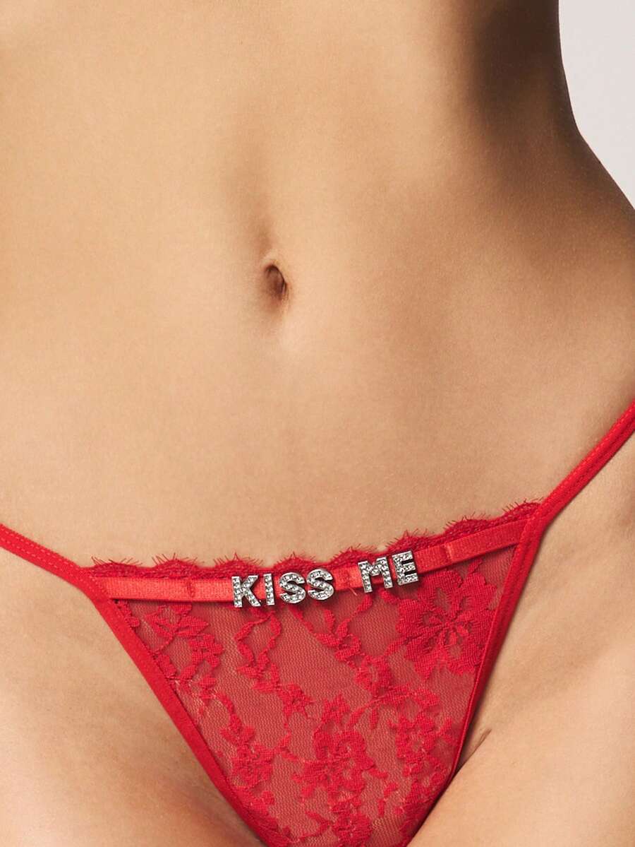 MISSGUIDED Lace Thong With Text And Rhinestone Details Intimate Lingerie