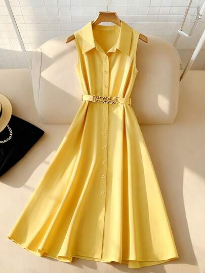 Franclia New Summer Cream-Colored Shirt Dress With Metal Buckle Belt, Sleeveless, Slimming, Waist-Cinching Mid-Length Dress, Elegant Women's Dress, Women's Casual Dress, Women's Summer Dress, Women's Holiday Dress.