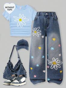 SHEIN ChillGRL Girls' New Fashion Cute Heart Embroidery Straight Leg Loose Fit Jeans - Light Wash - View 1