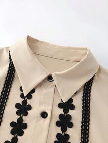 Franclia 卡其色长袖衬衫，黑色蕾丝边饰，搭配卡其色阔腿裤，休闲优雅的春夏两件套服装 - 卡其色 - 查看 6