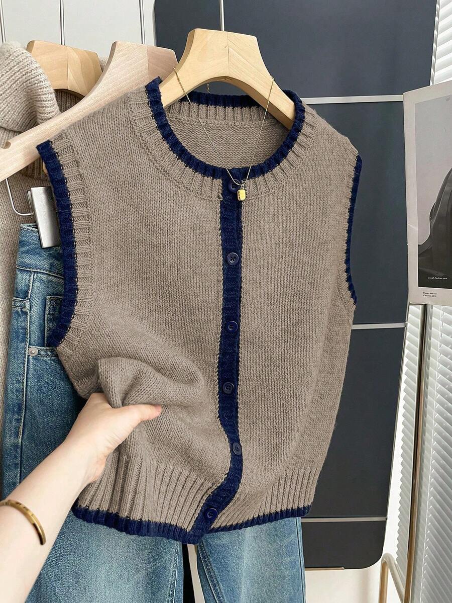 Franclia Áo vest len nữ màu kaki dáng rộng cổ tròn phối viền tương phản kiểu Pháp, thích hợp cho mùa thu/đông. - Màu Khaki - Xem 1