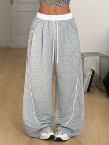 Coolane 女士夏季街头休闲运动必备单品法式灰弹力腰直筒裤