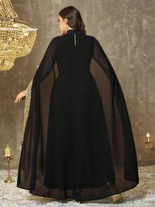 EMERY ROSE 大码闪亮高领披肩式连衣裙，优雅迷人，适合约会和派对 - 黑色 - 查看 2