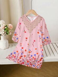 女童碎花宽松长袖休闲连衣裙 - 彩色 - 查看 2