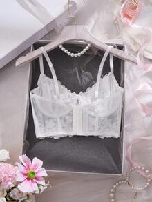 1pc White Romantic Sheer Cup Longline Bra, Suitable For Weddings, Intimate Wear - White - View 2