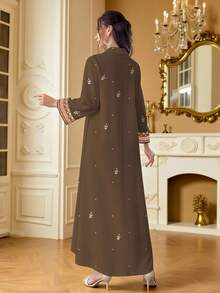 SHEIN Najma Women's Shiny Faux Diamond Print V-Neck Long Sleeve Dress, Elegant For Spring/Summer - Multicolor - View 2