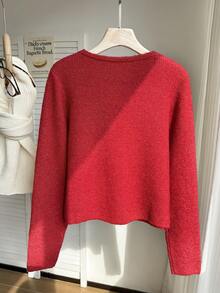 SHEIN EZwear Plus Size Women Butterfly Decor Hollow Design Long Sleeve Fashionable Pullover Sweater In Fall/Winter - Red - View 2