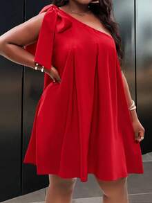 SHEIN CURVE+ 加大码女装红色纯色休闲连衣裙，简约时尚，适合日常穿着 - 紅色 - 查看 10