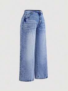 SHEIN MOD 大码休闲水洗斜插口袋修身直筒牛仔裤，蓝色 - 中等水洗藍 - 查看 5