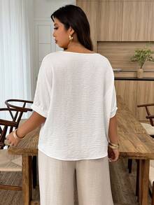 Weeklong Áo sơ mi cotton pha lanh màu trắng cỡ lớn - Cổ tròn, tay cánh dơi, viền bèo nhún, dáng rộng, thích hợp mặc hàng ngày, đi làm và đi nghỉ mát. - trắng - Xem 2