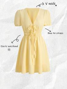 Olithes V领系带短泡泡袖纯色连衣裙，适合春、夏、秋、冬四季穿着，也适合度假、万圣节、圣诞节、感恩节、约会以及优雅休闲的通勤场合。 - 黃色 - 查看 1