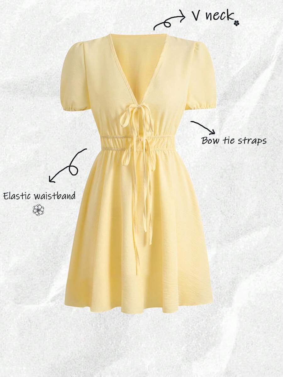 Olithes V领系带短泡泡袖纯色连衣裙，适合春、夏、秋、冬四季穿着，也适合度假、万圣节、圣诞节、感恩节、约会以及优雅休闲的通勤场合。 - 黃色 - 查看 1