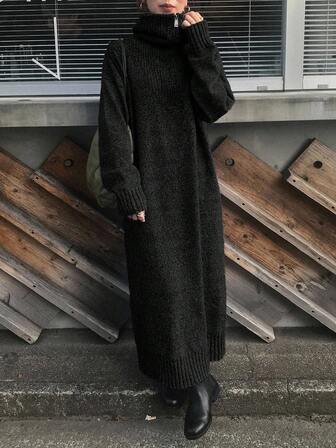 FRIFUL 女士纯色高领落肩长袖宽松休闲百搭长款直筒毛衣连衣裙，秋冬款