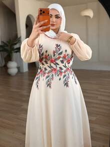 Dazy Plus Đầm voan tay phồng dáng rộng, màu mơ, in hoa thanh lịch, thích hợp cho các buổi hẹn hò và kỳ nghỉ, kiểu dáng mùa hè. - Màu be - Xem 7