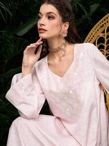 Al Najma Sequin Digital Print Long Sleeve Loose Fashion Elegant Pink Dress For Women - Pink - View 2