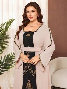 Al Najma Plus Size Women's Elegant Embroidered Patchwork Long Loose Dress, Suitable For Spring And Autumn - Apricot - View 6