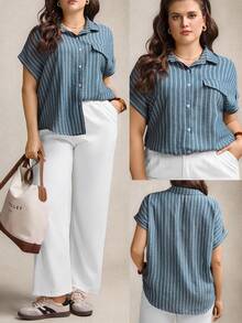 Zelara 大码女式休闲舒适格纹撞色衬衫，百搭乡村音乐会、毕业典礼、夏季早午餐、母亲节、教堂等场合均有穿着。 - 藍色 - 查看 1