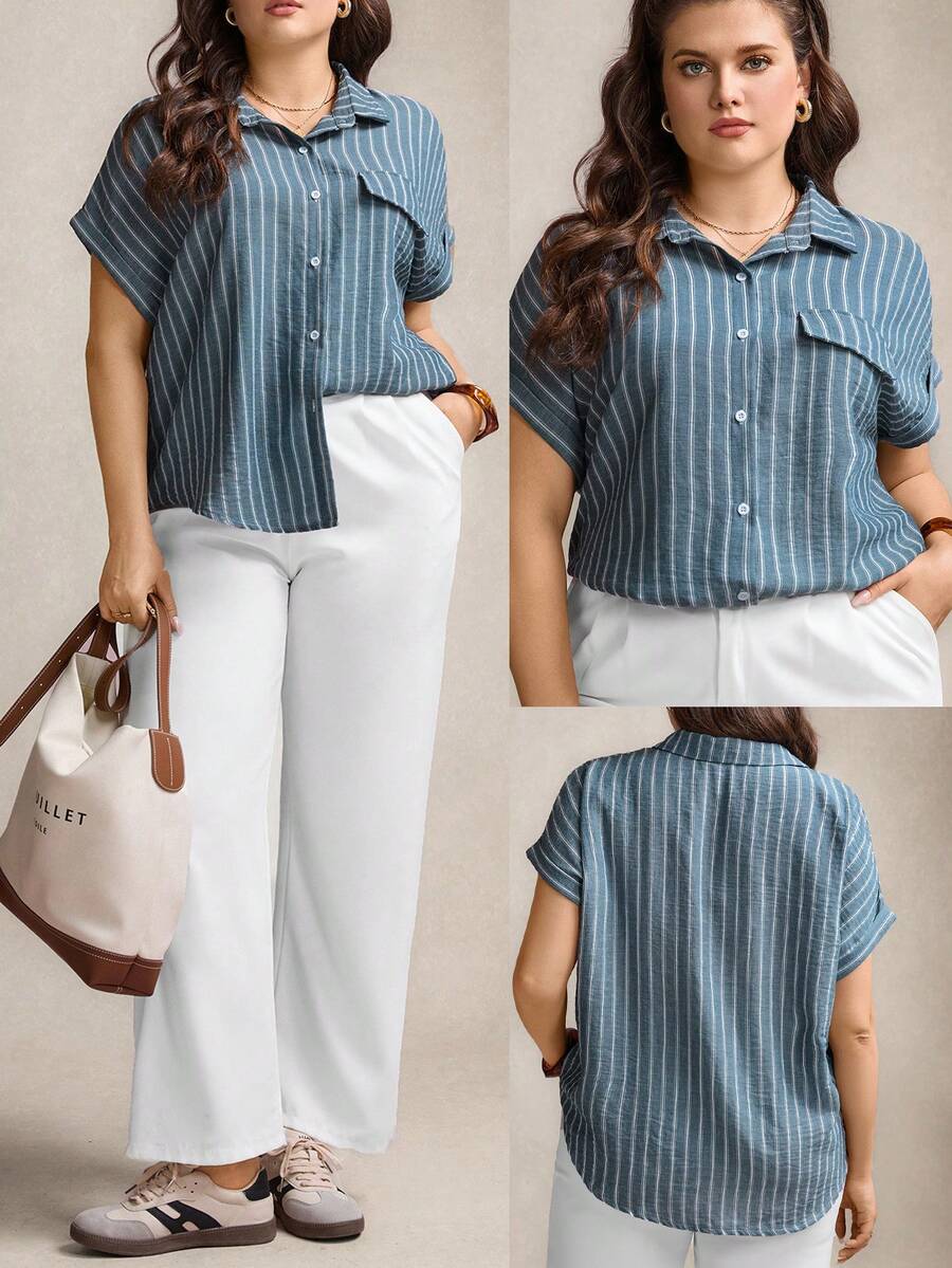 Zelara 大码女式休闲舒适格纹撞色衬衫，百搭乡村音乐会、毕业典礼、夏季早午餐、母亲节、教堂等场合均有穿着。 - 藍色 - 查看 1