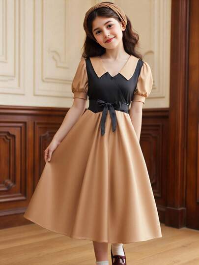 时尚女童撞色春夏连衣裙，配有腰带和纽扣细节，A字学院风连衣裙，适合上学或休闲穿着，可机洗，涤纶混纺面料，春夏秋季皆宜，腰部收紧设计