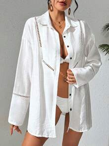 Swim Vcay Women's Summer Beach Solid Color Contrast Lace Long Sleeve Open Front Vacation Kimono Dress - White - View 5
