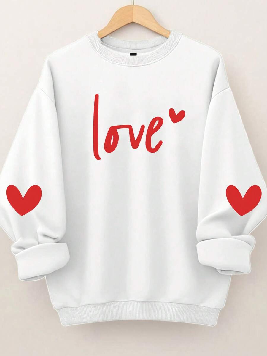 EMERY ROSE Plus Size Women's Love Letter Heart-Shaped Pattern Printed Round Neck Sweatshirts,Valentine - White - View 1