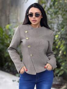 Durrani Popal 女士优雅精致休闲日常通勤新款街头时尚都市时尚斜襟金属纽扣腰部收紧长袖双面羊毛大衣，秋冬 - 卡其色 - 查看 5