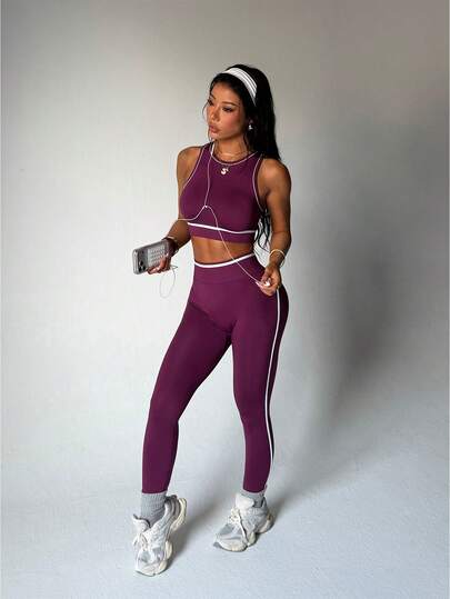 Dewbera Conjunto de top corto de cuello redondo y leggings sin costuras para yoga y entrenamiento de mujer