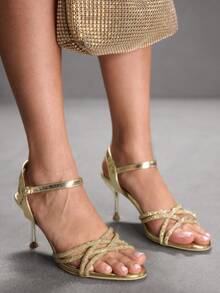 CUCCOO SZL Women's Fashion High Heel Sandals, Fashionable Rhinestone Embellished High Heel Sandals - Gold - View 3