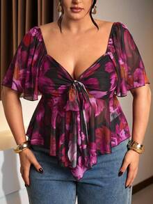 SHEIN BAE Bluzka w stylu gotyckim w dużym rozmiarze z kwadratowym dekoltem i koronką z bufiastymi rękawami/ Top w dużym rozmiarze z wiązaniem z przodu/ Bluzki w dużych rozmiarach/ Bluzki w dużych rozmiarach/ Damskie bluzki na ramiączkach typu spaghetti, kokardka dekoracyjna, Letnie eleganckie przyjęcie świąteczne, urodziny, walentynki/sukienka dla gości weselnych. Ubrania w dużych rozmiarach/Halloween/powrót do domu/Boże Narodzenie/wyjście/urodziny dla kobiet/strój zachodni dla kobiet/bluzka na imprezę dla kobiet - Fioletowy - Zobacz 7