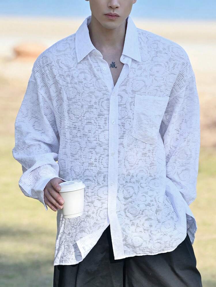 Men's Solid Color Long Sleeve Single-Breasted Casual Pocket Shirt, Spring/Summer