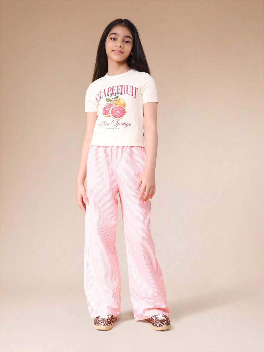SUMWON Tween Paradise Grapefruit Print T-Shirt And Striped Wide Leg Pants Co-Ord Set Summer Casual Outfit