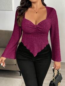 Vionelle 大码女式纯色心形领扭结设计喇叭袖不对称下摆罗纹T恤 - 玫紅色 - 查看 1