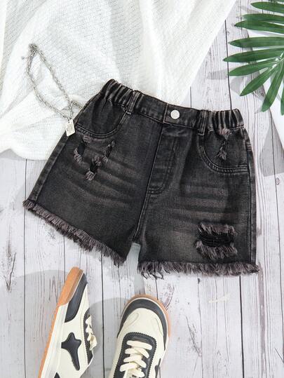 Shorts vaqueros rotos para adolescentes, ligeros de verano, nueva llegada, lavado negro, moda callejera, casual, personalizado, todo a juego, minimalista, dobladillo deshilachado, cintura elástica, tela de algodón denim cómoda, diario, fiesta, escuela, viajes, nueva colección primavera/verano