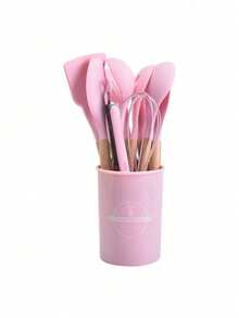 12Pcs/Set Wood Handle Non-Stick Silicone Kitchen Cooking Utensil Set, Heat Resistant Silicone Cookware With Storage Bucket - Multicolor - View 9