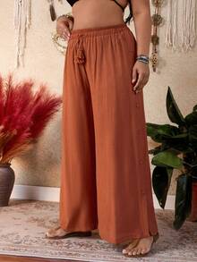 SHEIN Swim Plus Size Women's Vacation Fringe Drawstring Waist Loose Wide Leg Jumpsuit - Rust Brown - View 5